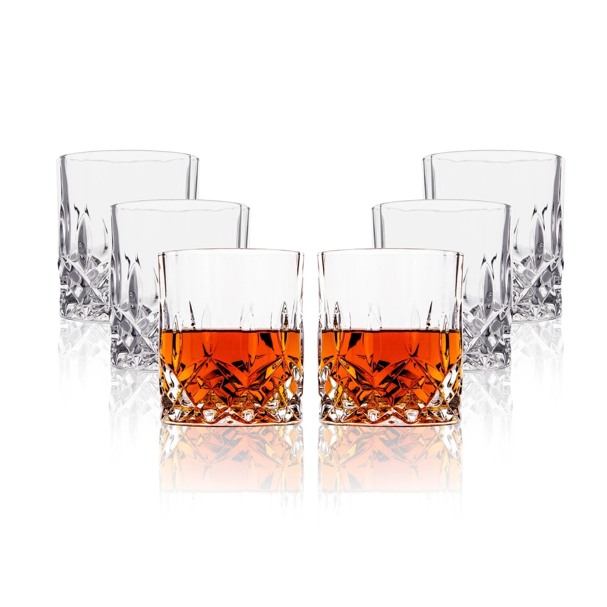 Whiskey glasses collection with crystal, bourbon, and tumbler styles