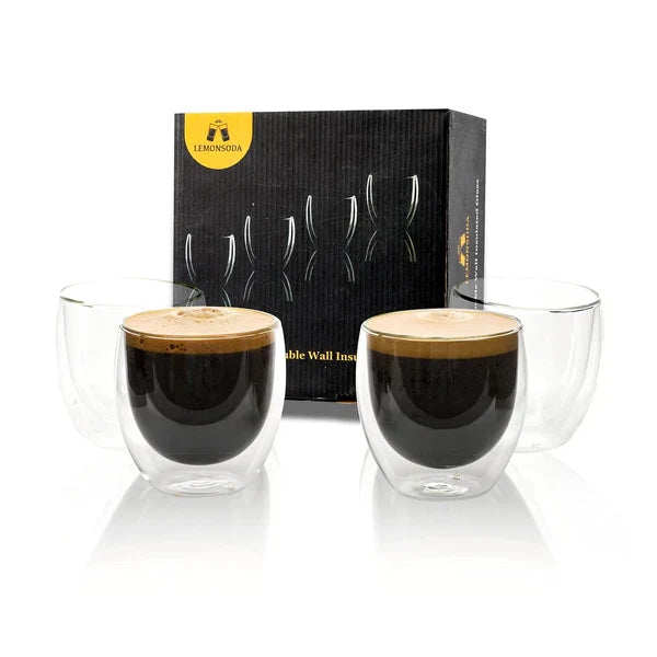 Coffee and tea glasses with double walled mugs and latte cups