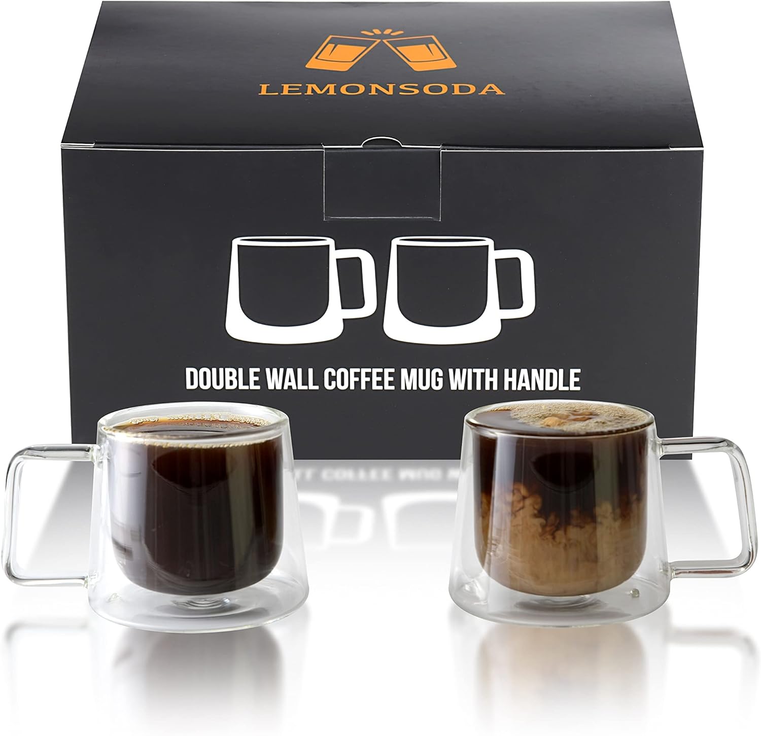 LEMONSODA Double Walled Glass Coffee Drink Mug with Handle - Set of 2 - 8.5oz - Lemonsoda