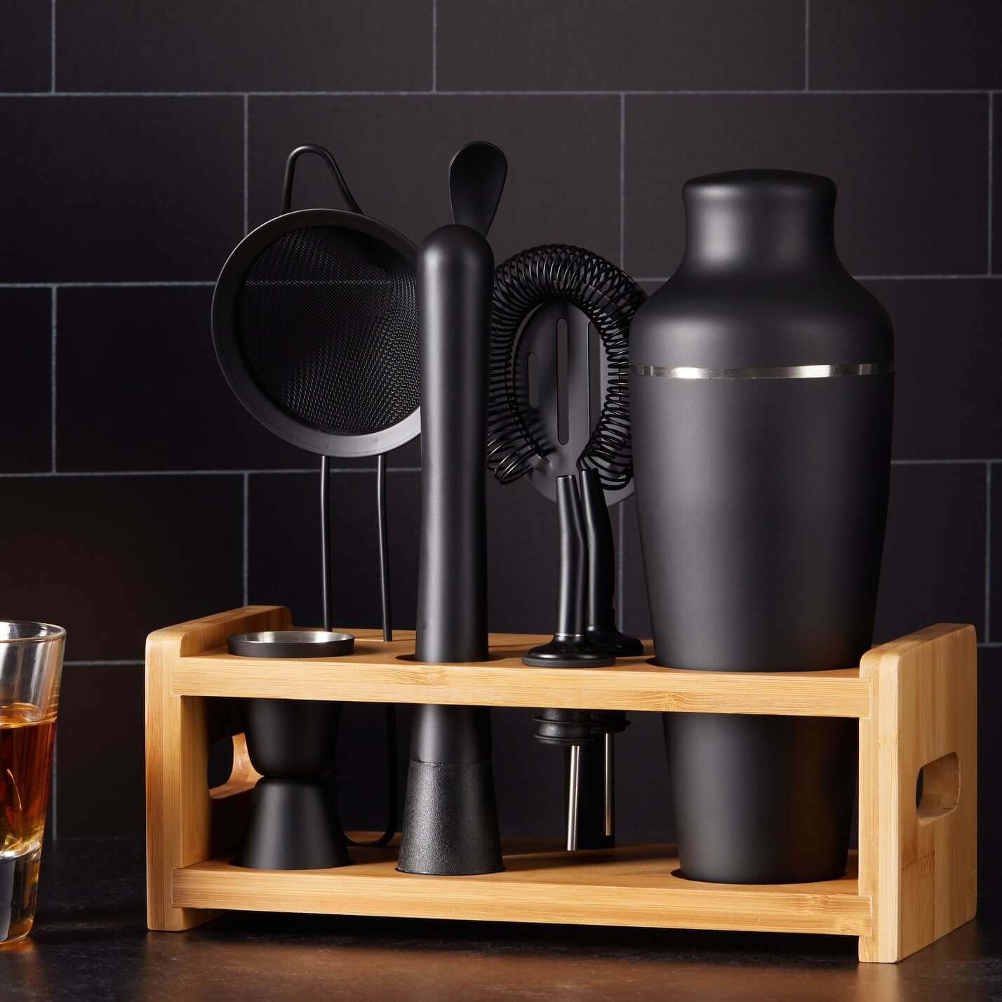 8-Piece Cocktail Shaker Set with Stand - black