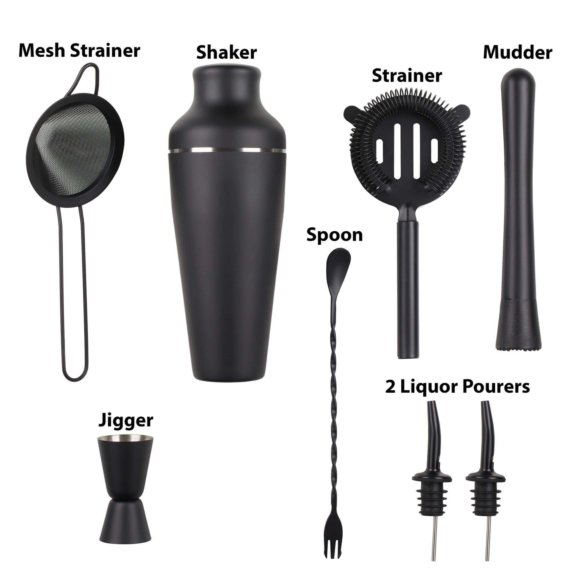 8-piece cocktail shaker set includes a shaker, strainer, jigger, muddler, spoon stirrer, ice tongs as well as two pour spouts