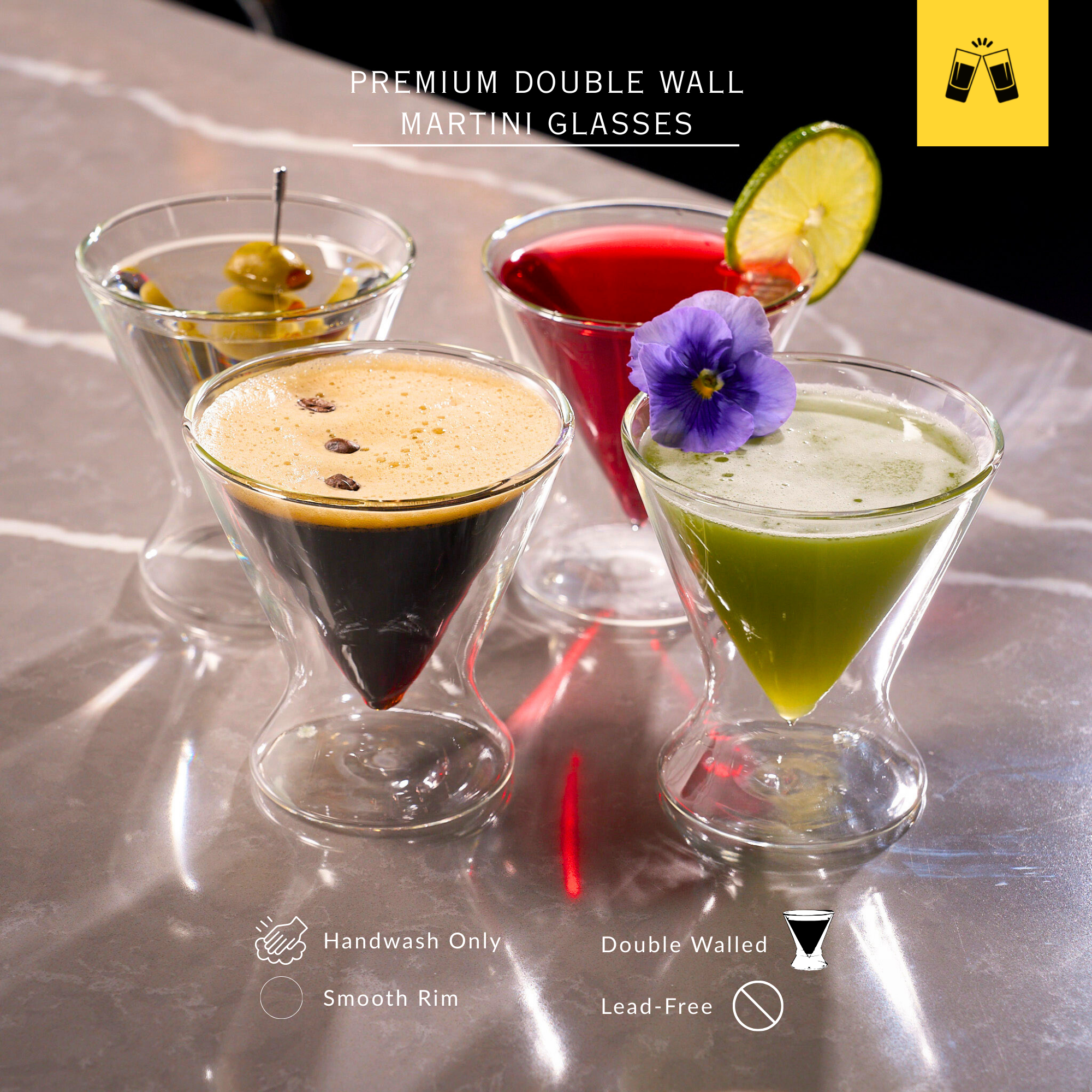 Double-Walled Stemless Martini Glasses - 8oz