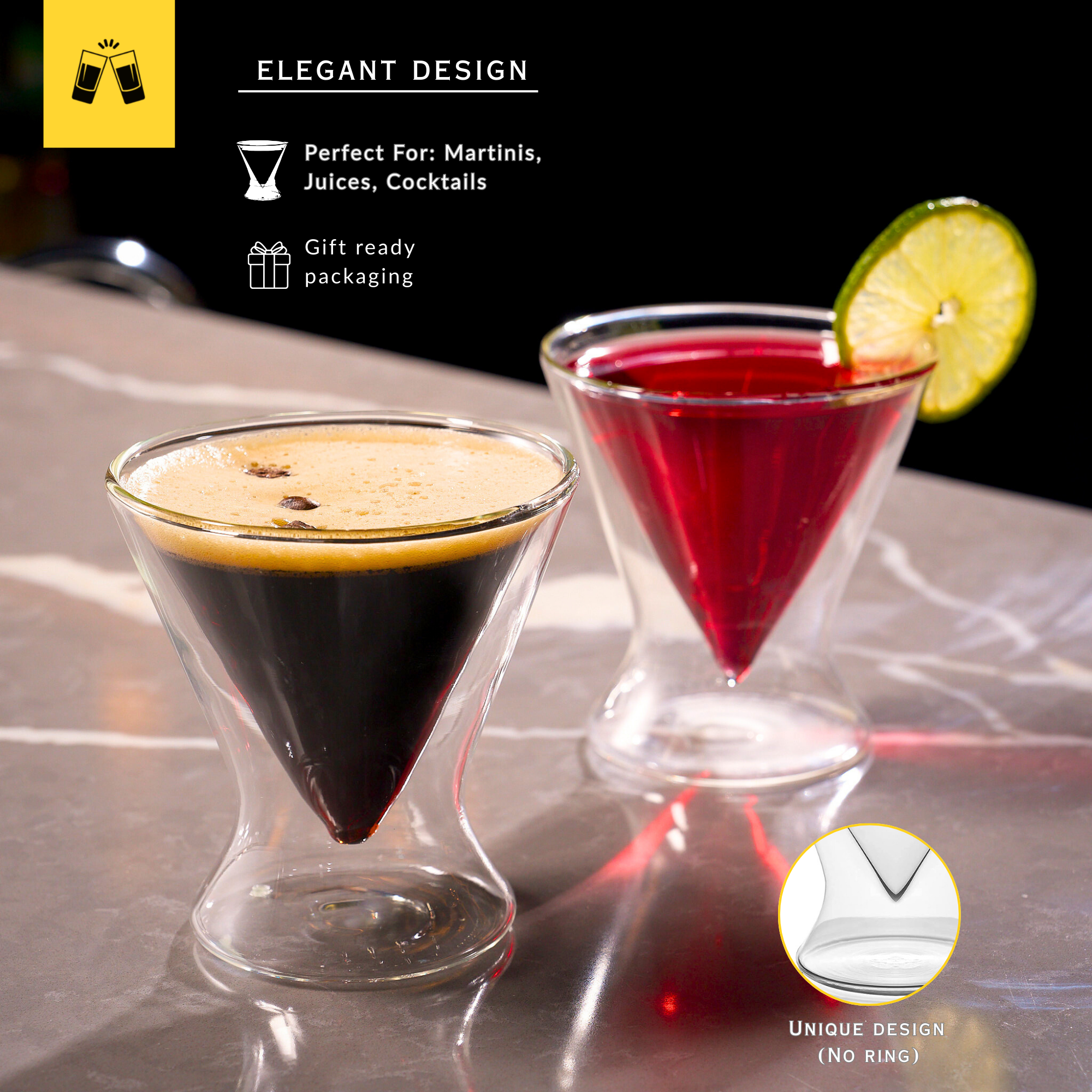 Double-Walled Stemless Martini Glasses - 8oz