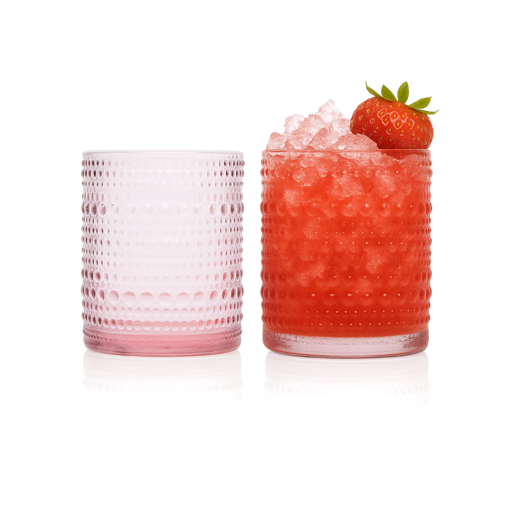 Vintage Rose Pink Hobnail Lowball Whiskey Glasses - 10oz