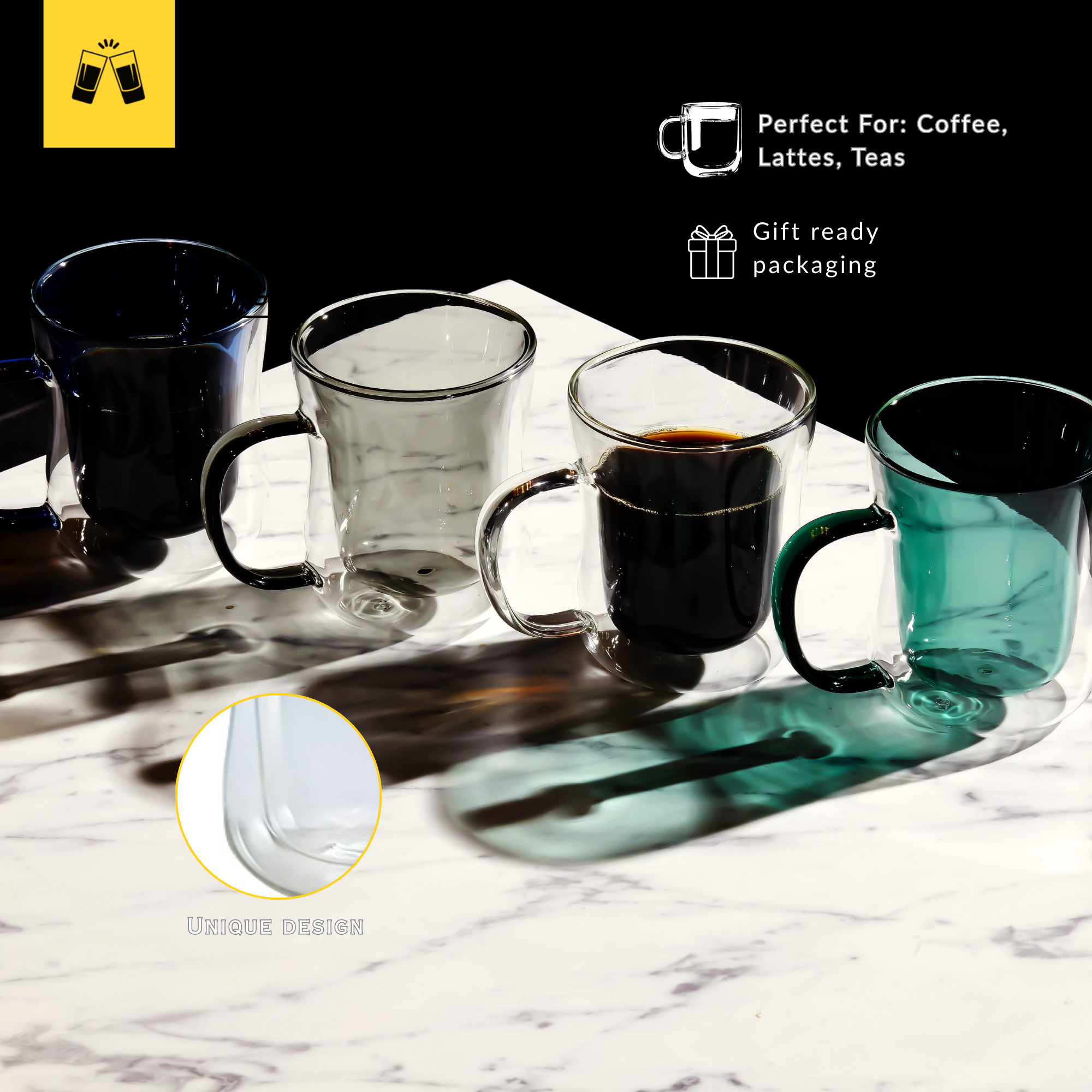 Double Walled Colored Coffee Mug Set - 10oz (Set of 2 or 4)