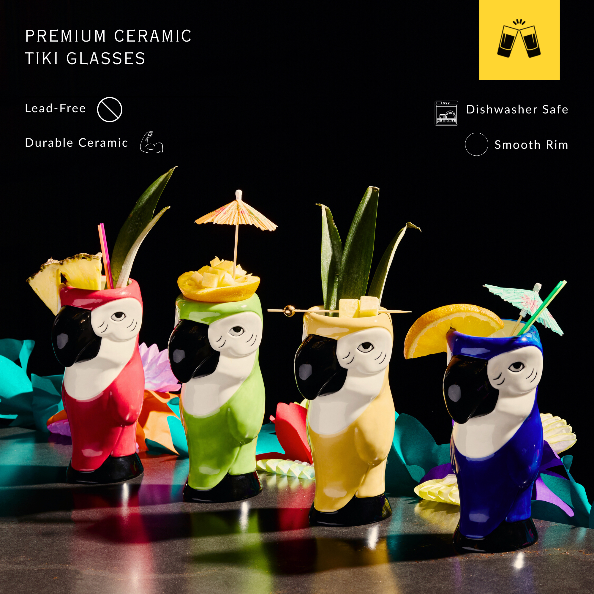 Ceramic Hawaiian Multi Color Parrot Tiki Glasses (15oz)