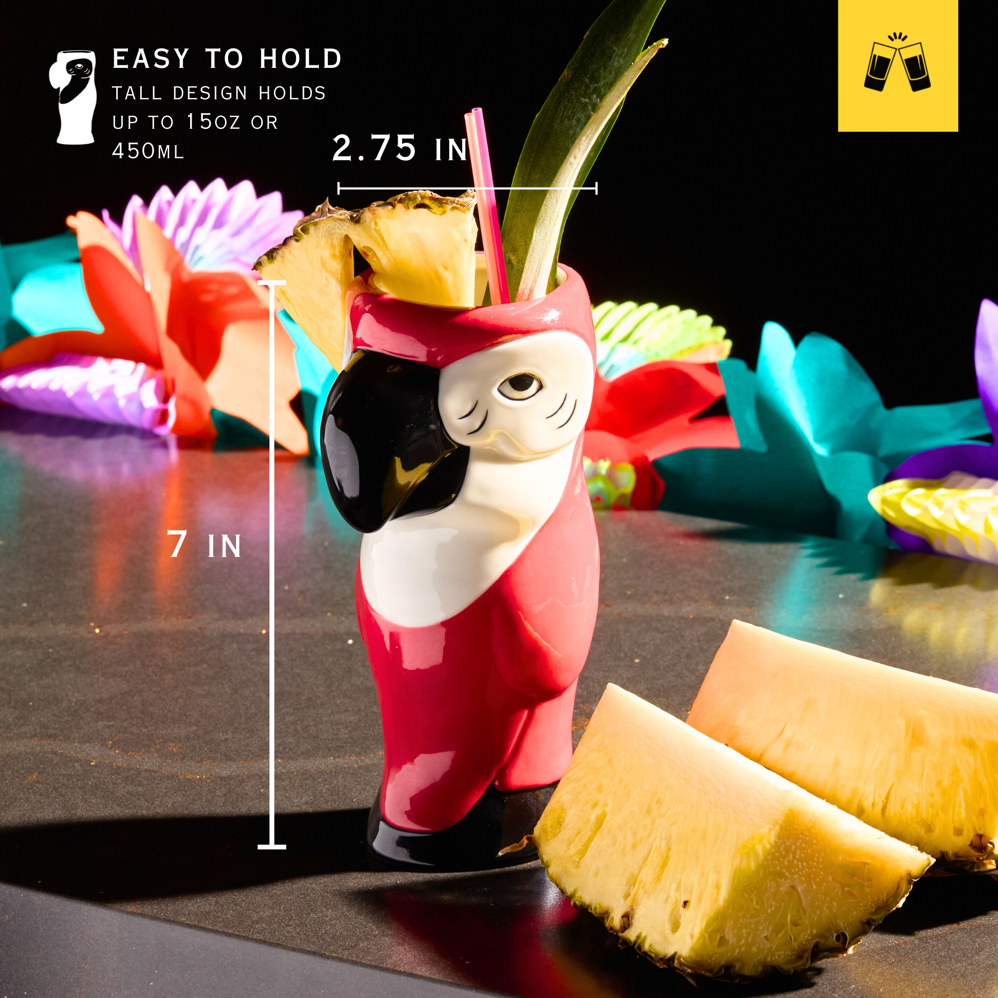 Ceramic Hawaiian Multi Color Parrot Tiki Glasses (15oz)