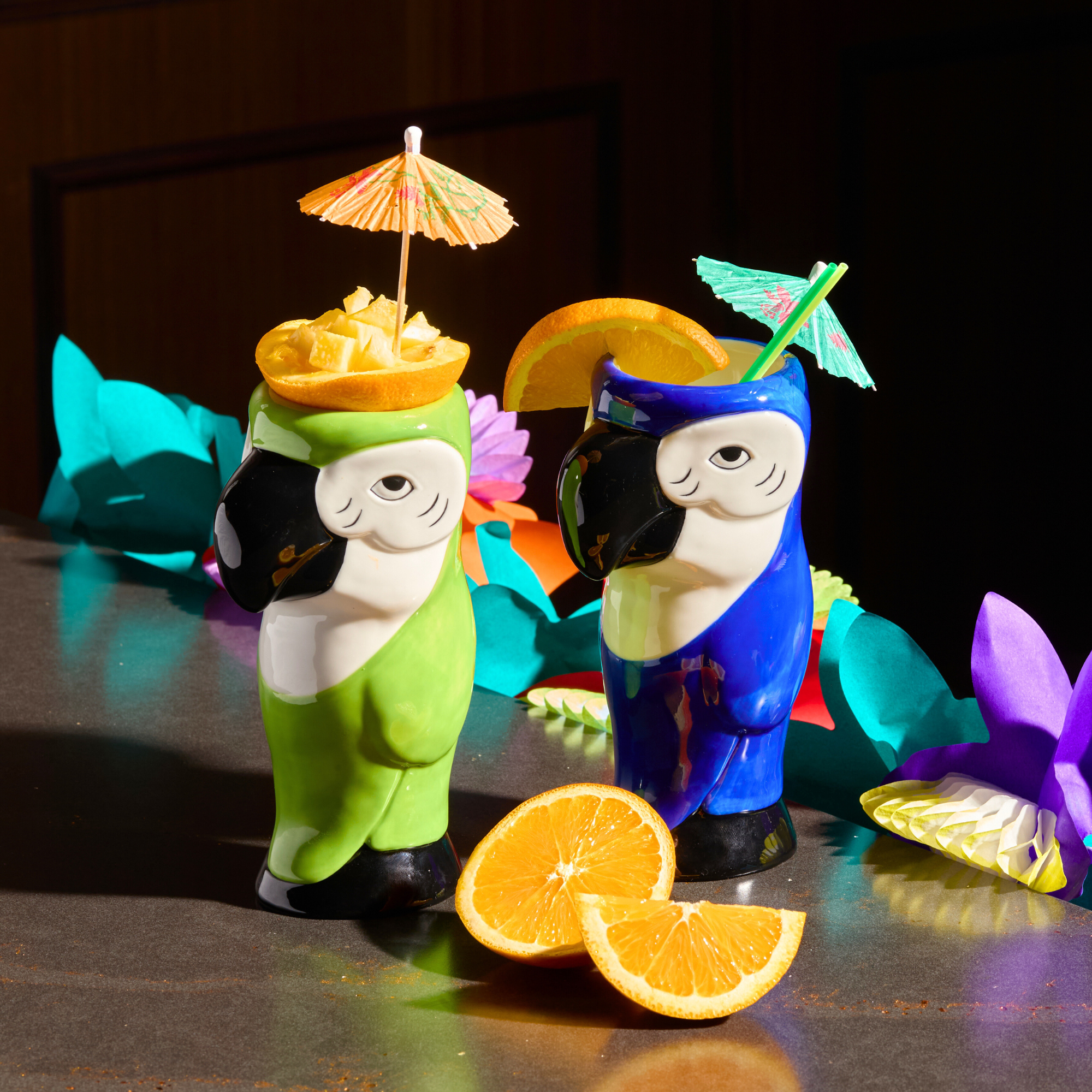 Ceramic Hawaiian Multi Color Parrot Tiki Glasses (15oz)