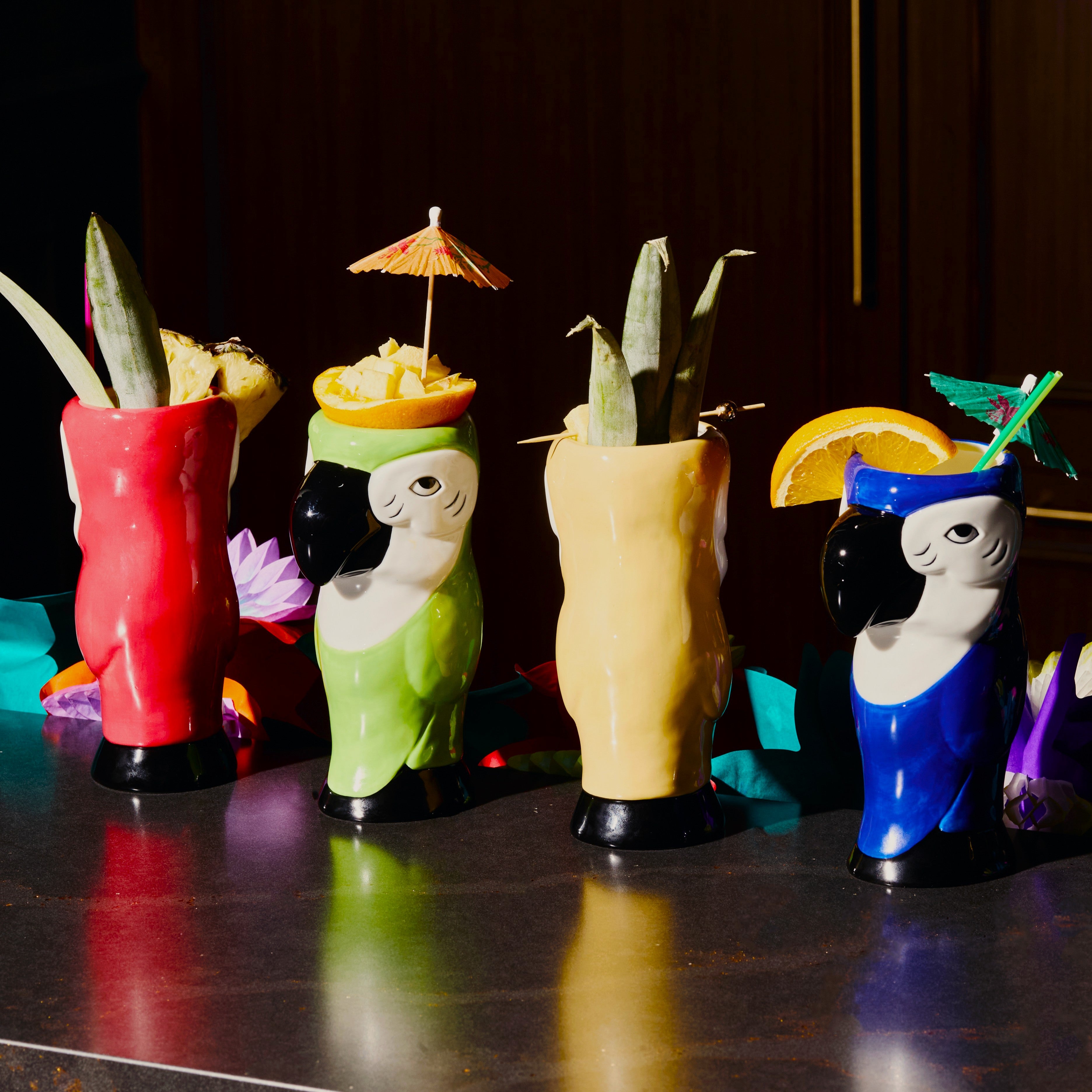 Ceramic Hawaiian Multi Color Parrot Tiki Glasses (15oz)