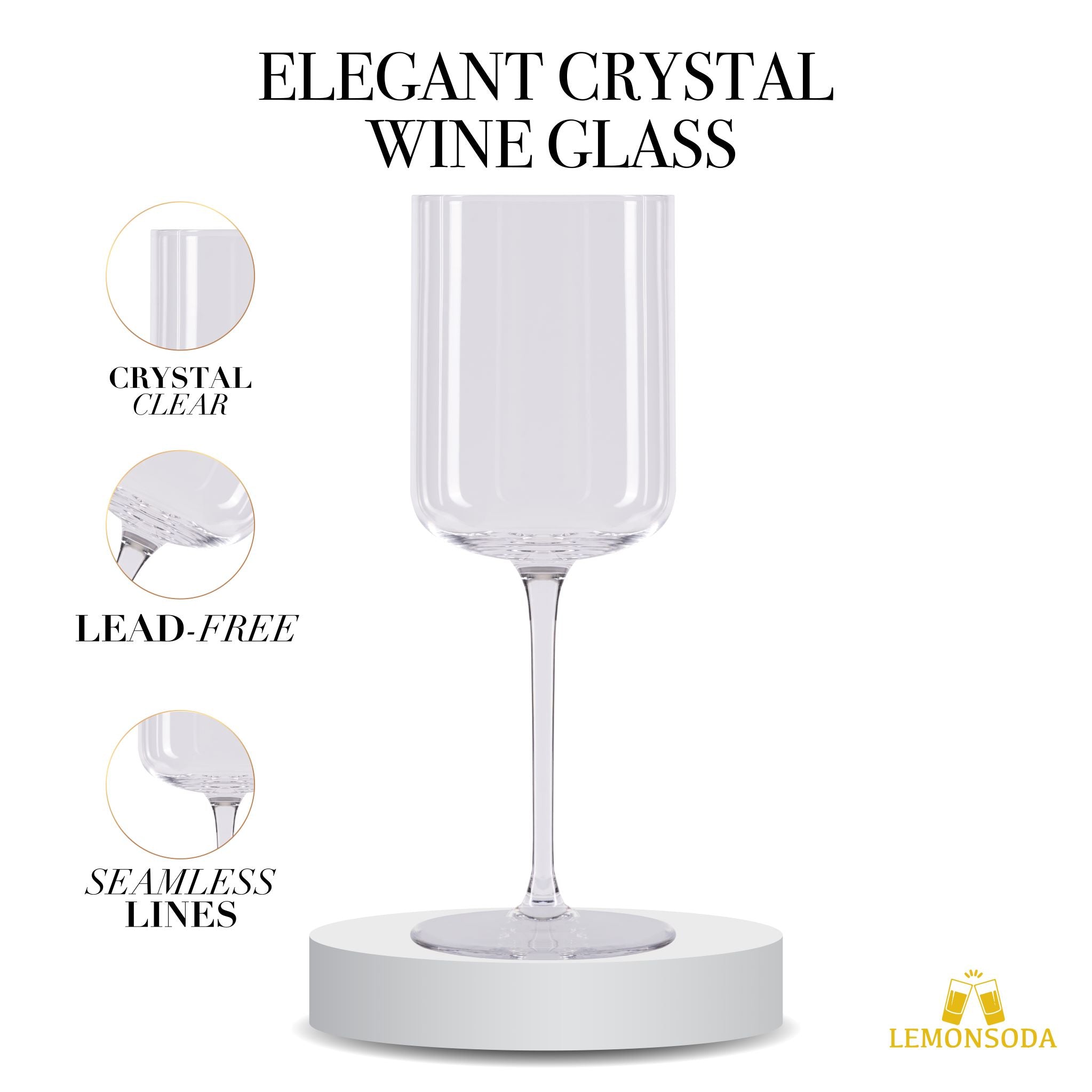 LEMONSODA Elegant Crystal Straight Edge Design - Set of 4 Wine Glasses (15oz) - Lemonsoda