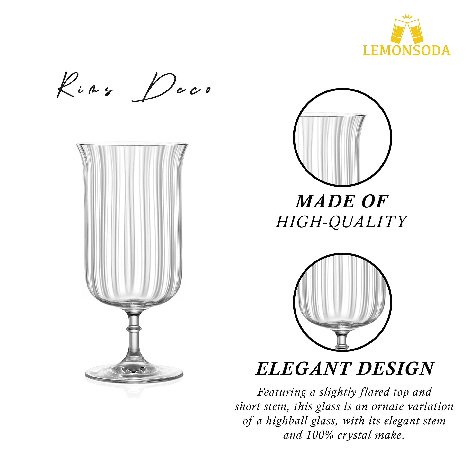 LEMONSODA Rims Orient-Coupe Gin Sour/Long Island Ribbed Cocktail Glasses - (Deco) Set of 2 (11.5oz / 340mL) - Lemonsoda