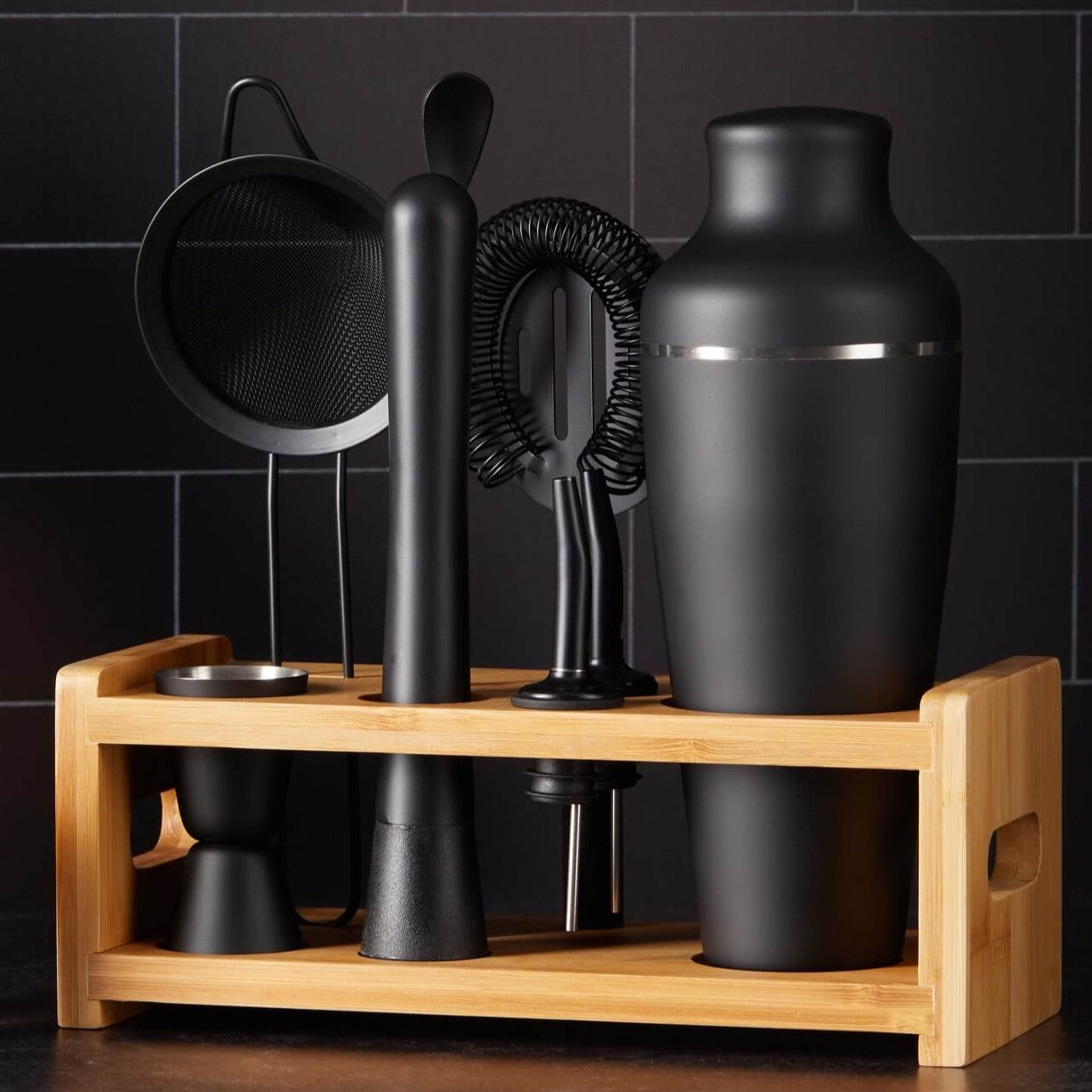 8-Piece Cocktail Shaker Set with Stand - black