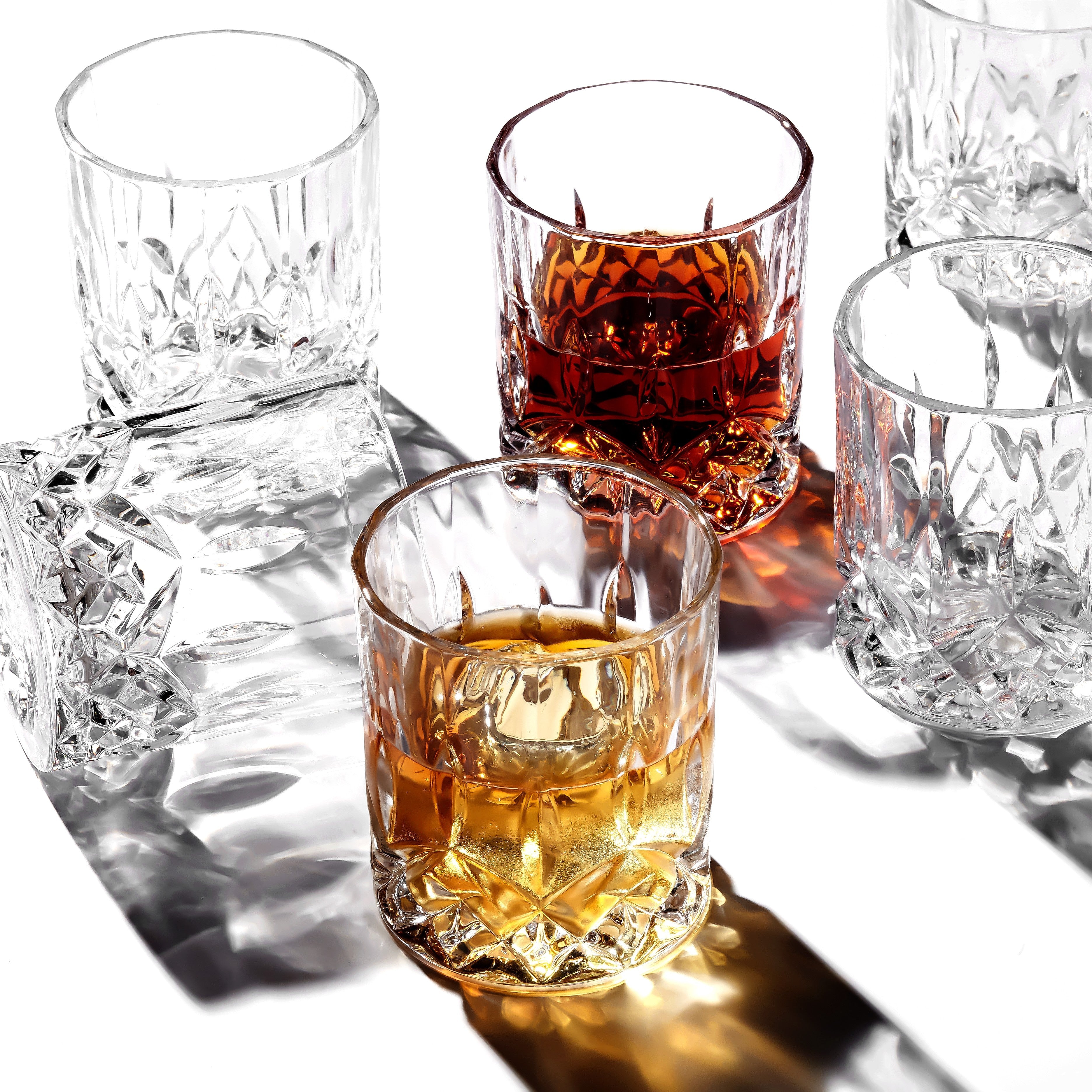 Whiskey glasses collection with crystal, bourbon, and tumbler styles