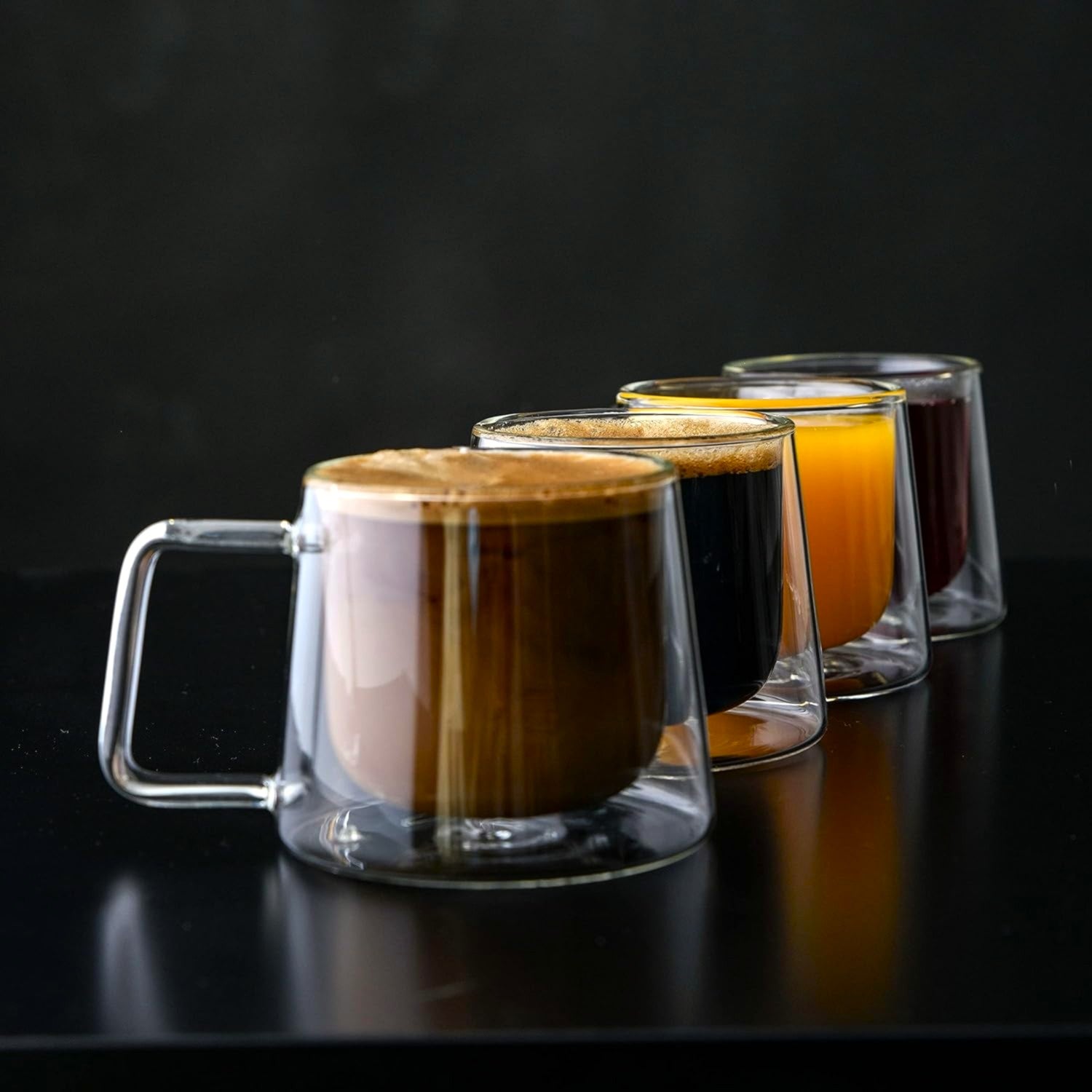 Double-walled glasses with coffee mugs, beer and cocktail sets