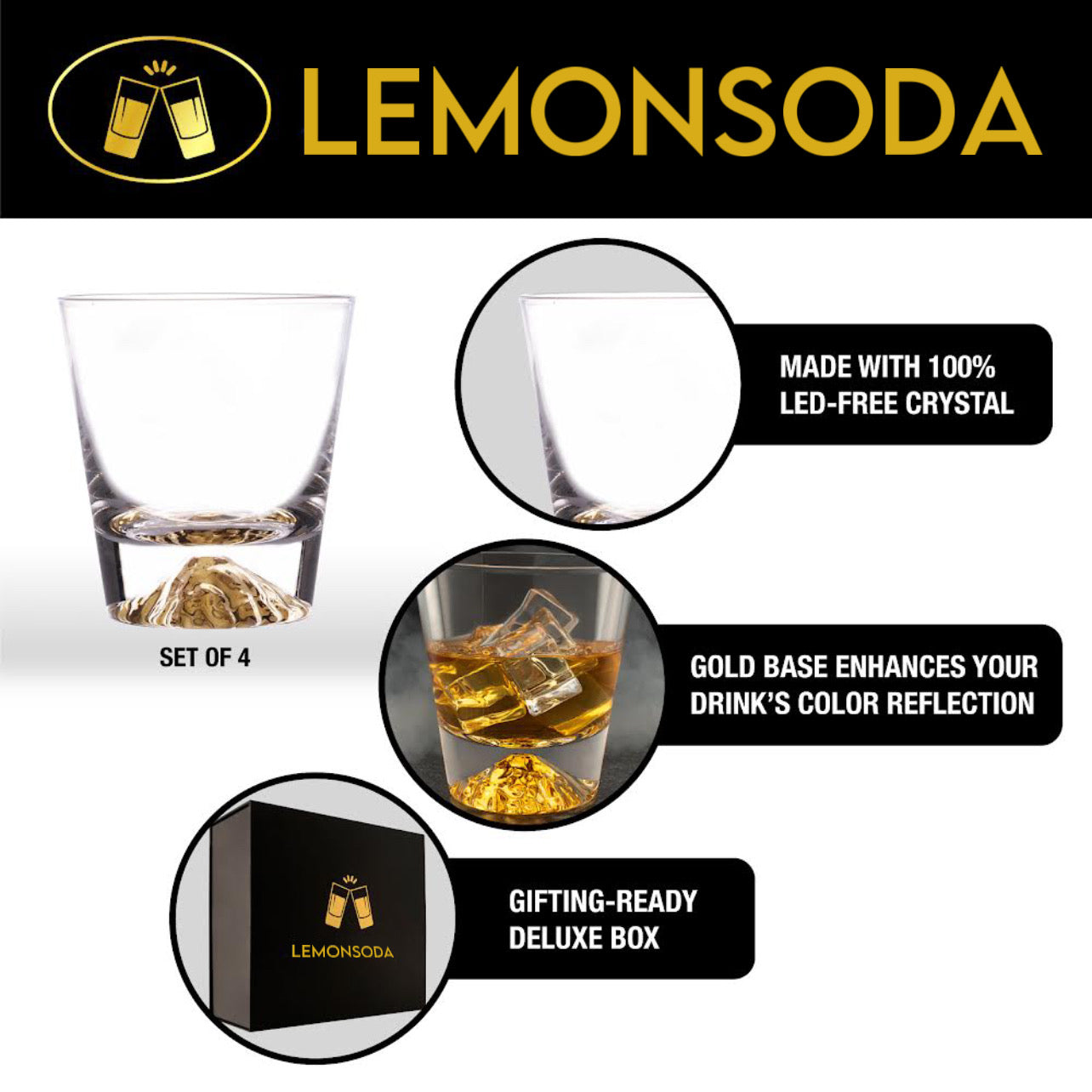 Whiskey Glasses Crystal Clear Gold Heavy Base Bourbon - Set of 4