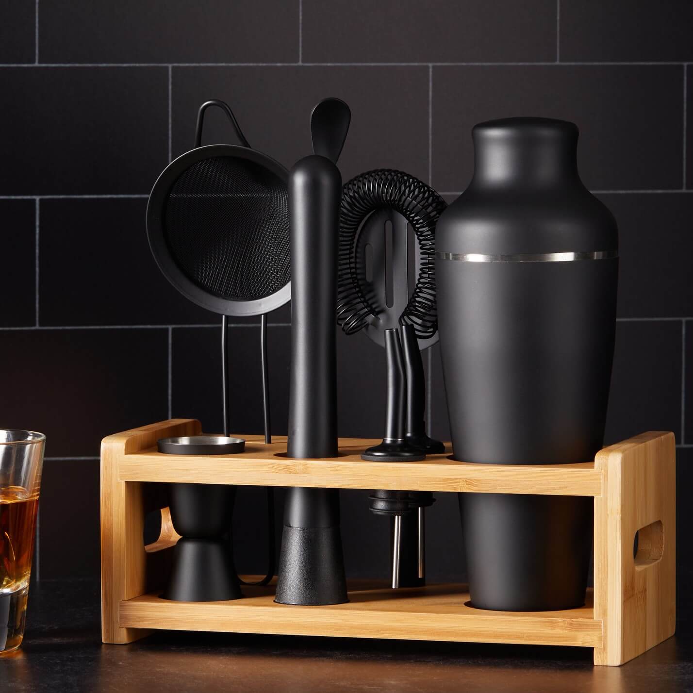 8-Piece Cocktail Shaker Set with Stand - black