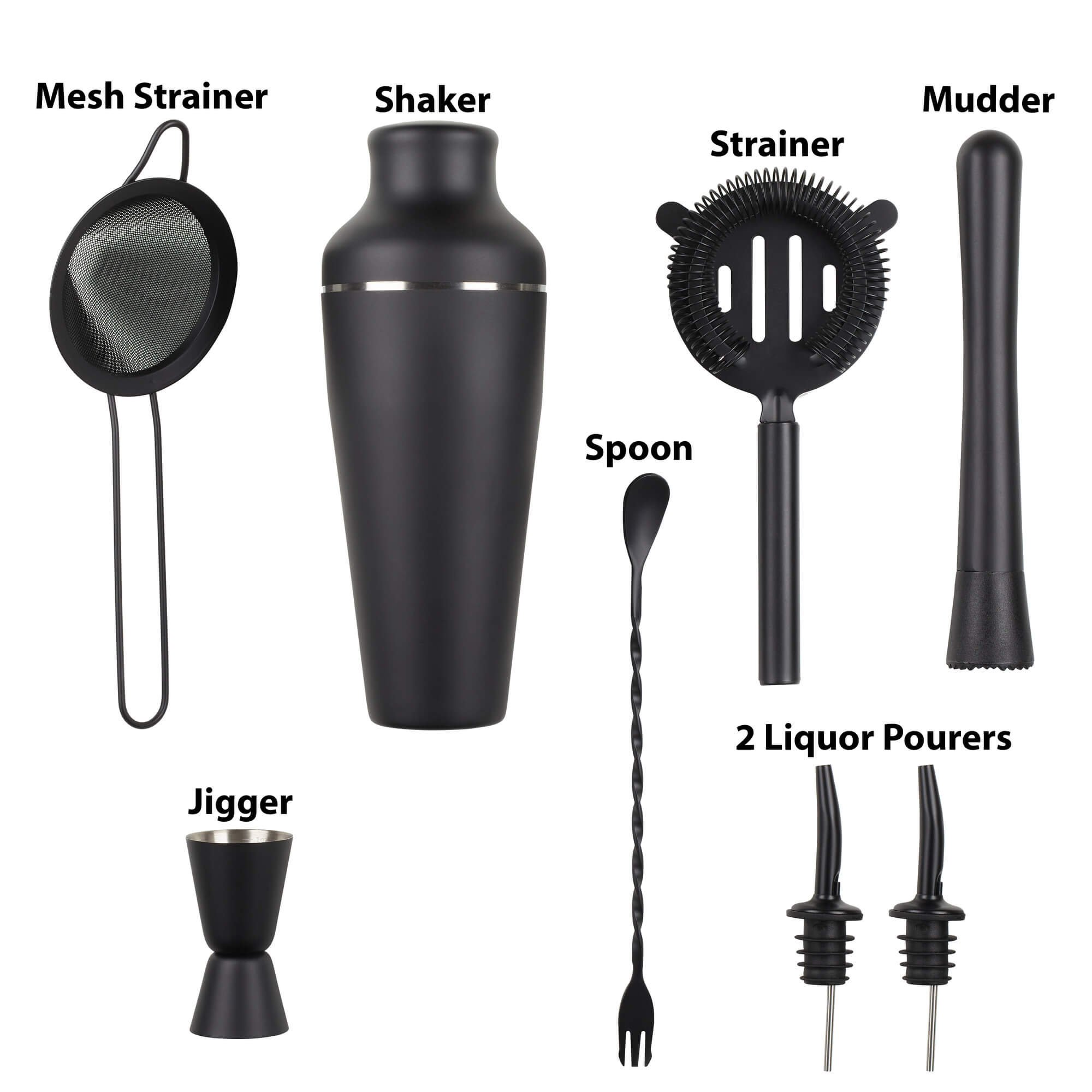  8-piece cocktail shaker set includes a shaker, strainer, jigger, muddler, spoon stirrer, ice tongs as well as two pour spouts