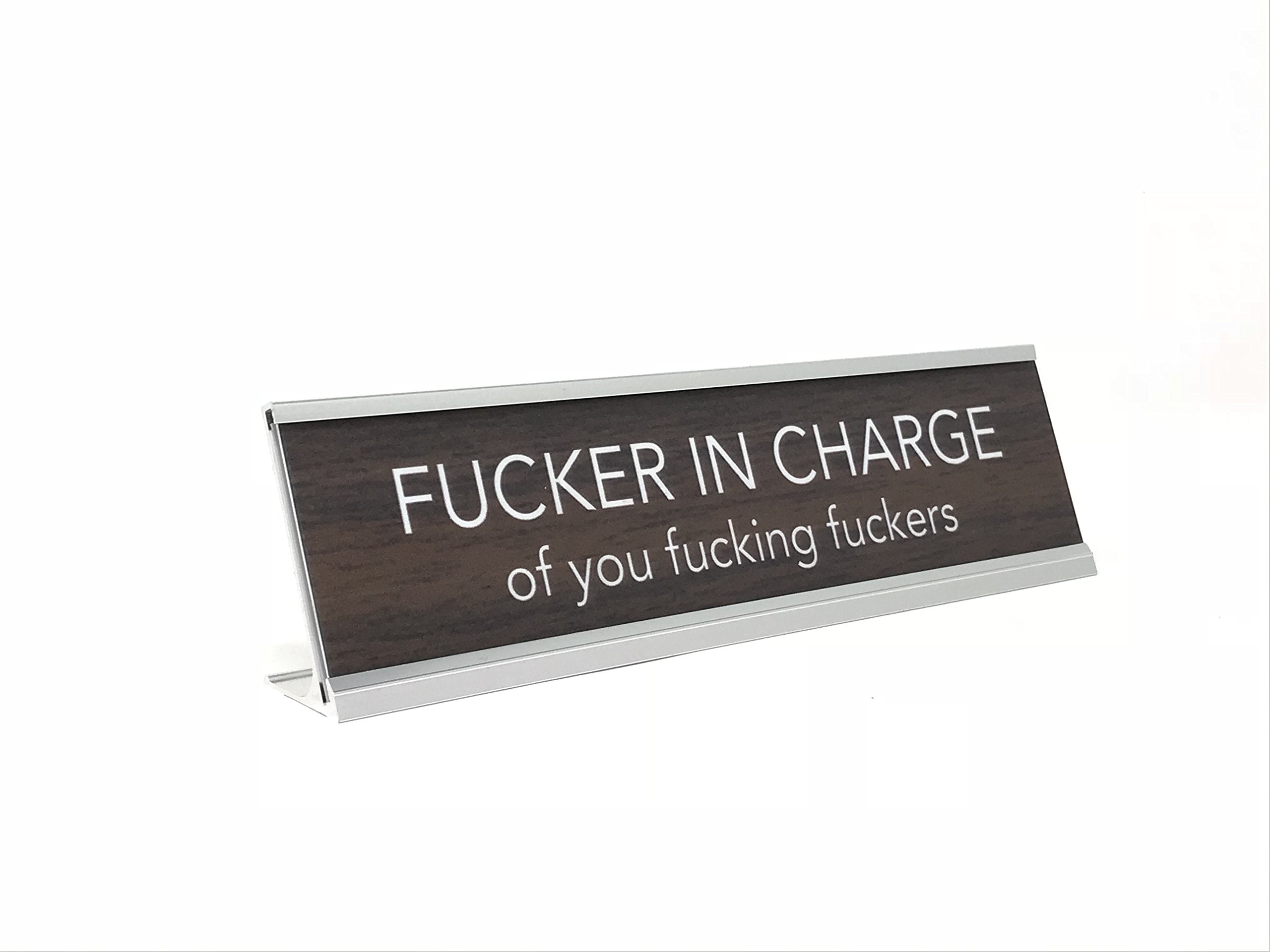 LEMONSODA Novelty Nameplate Style Desk Sign (Fucker in Charge) - Silver, Brown - Lemonsoda