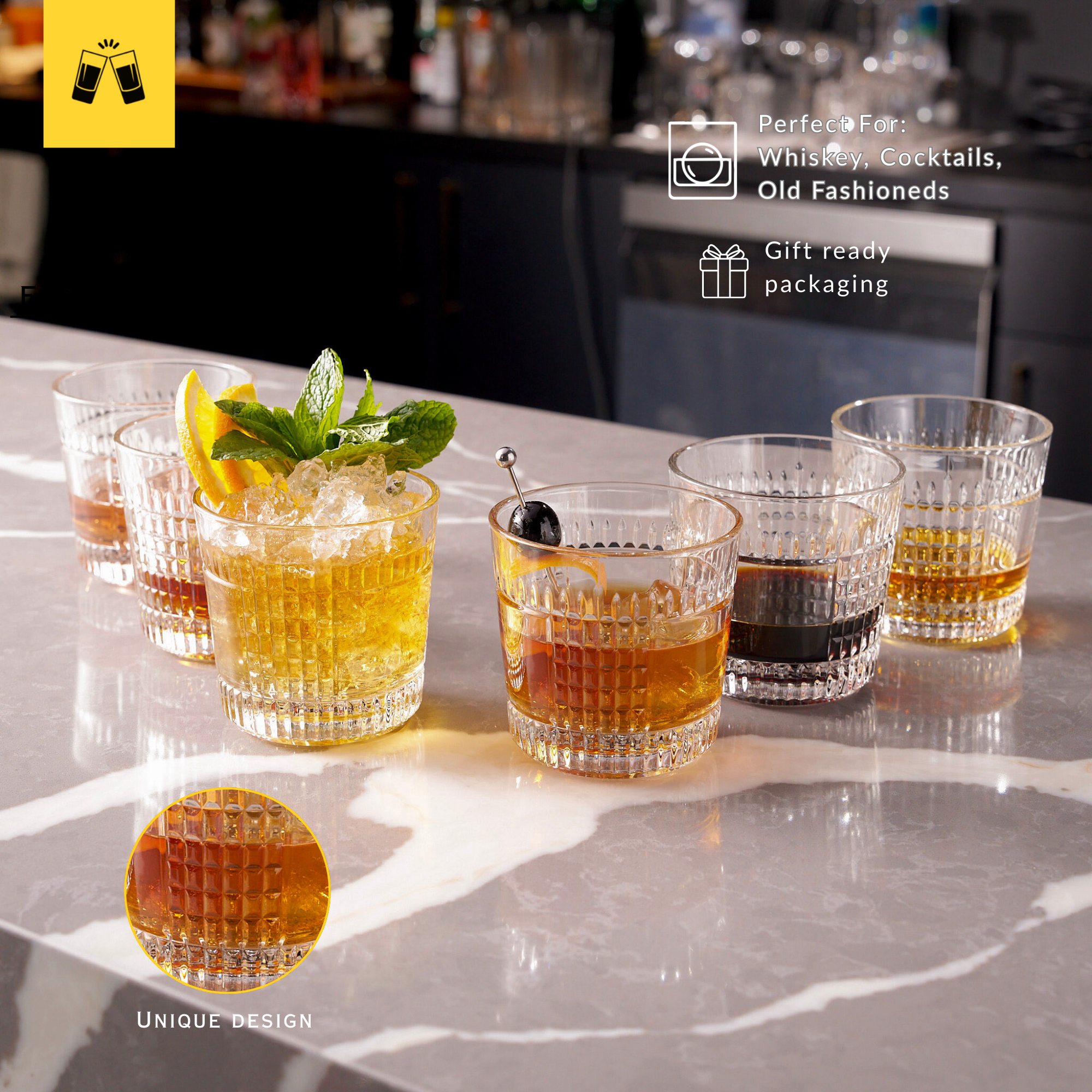 Whiskey Sour Old Fashioned Glasses Tumblers - 12oz - Set of 6