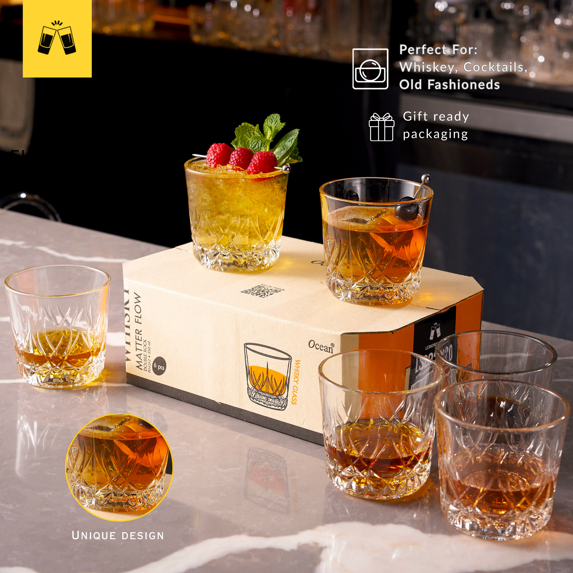 Whiskey Sour Old Fashioned Glasses Tumblers - 12oz - Set of 6