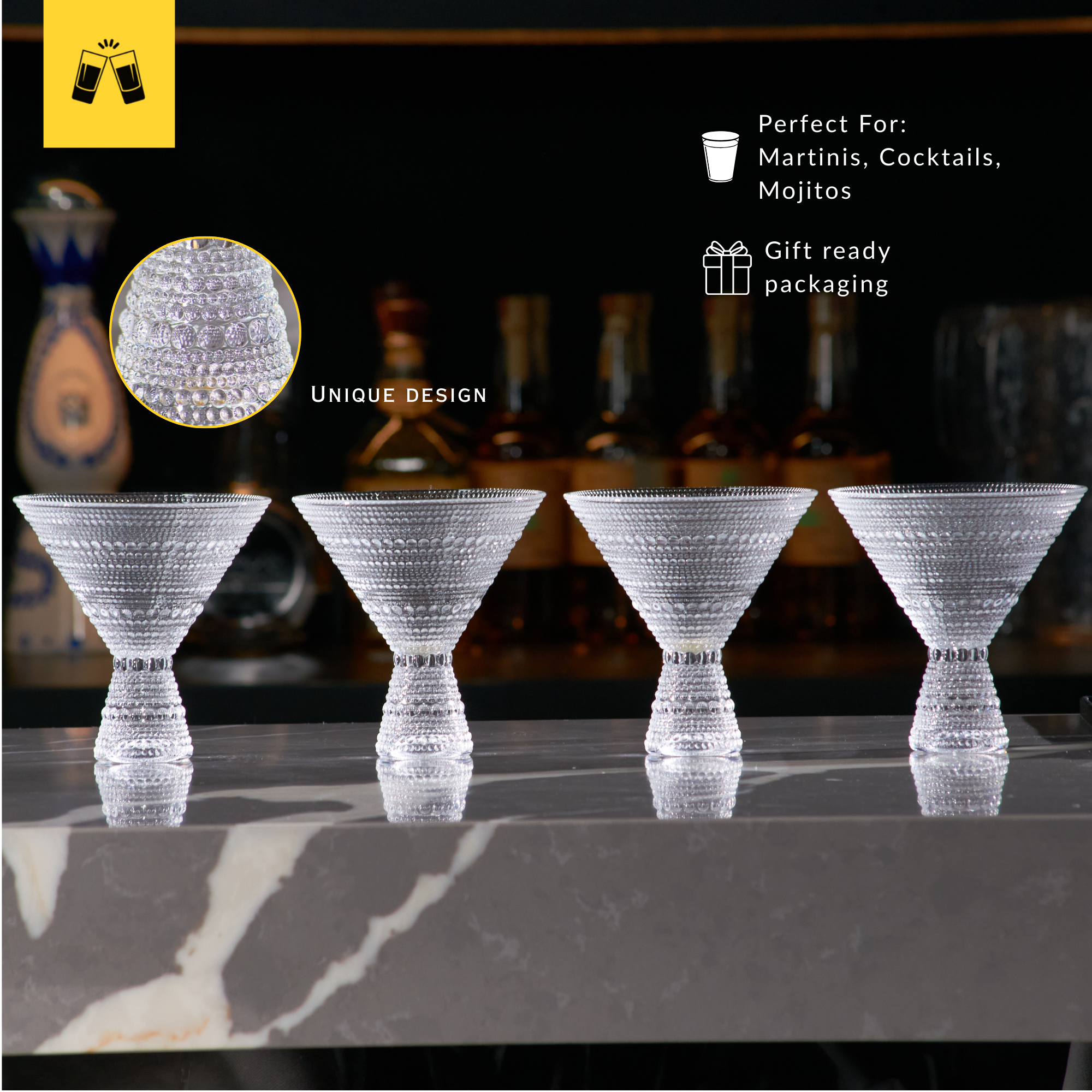 Clear Hobnail Martini Glasses - Embossed Martini Glasses - 9oz