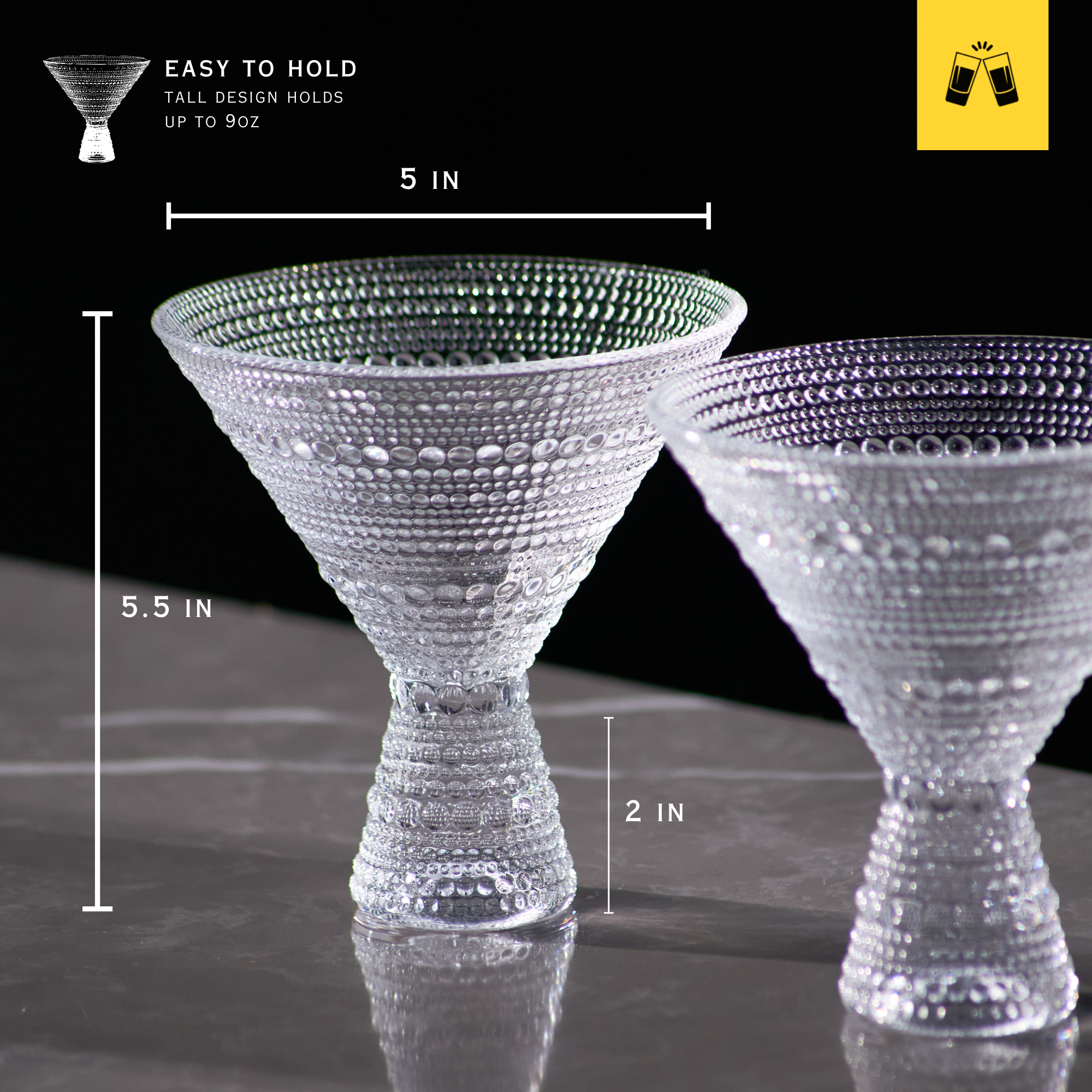 Clear Hobnail Martini Glasses - Embossed Martini Glasses - 9oz
