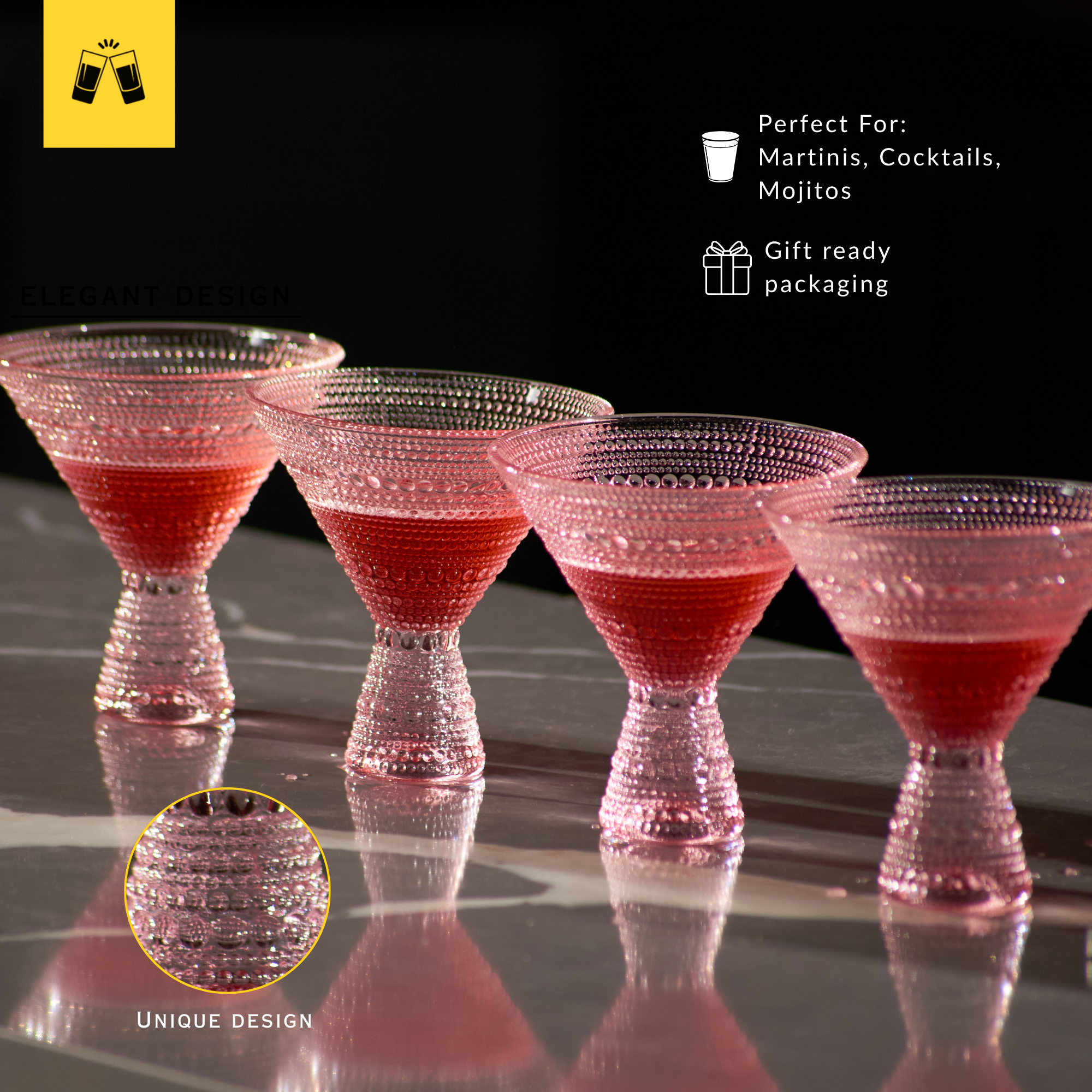 Pink Hobnail Martini Glasses - Embossed Martini Glasses - 9oz