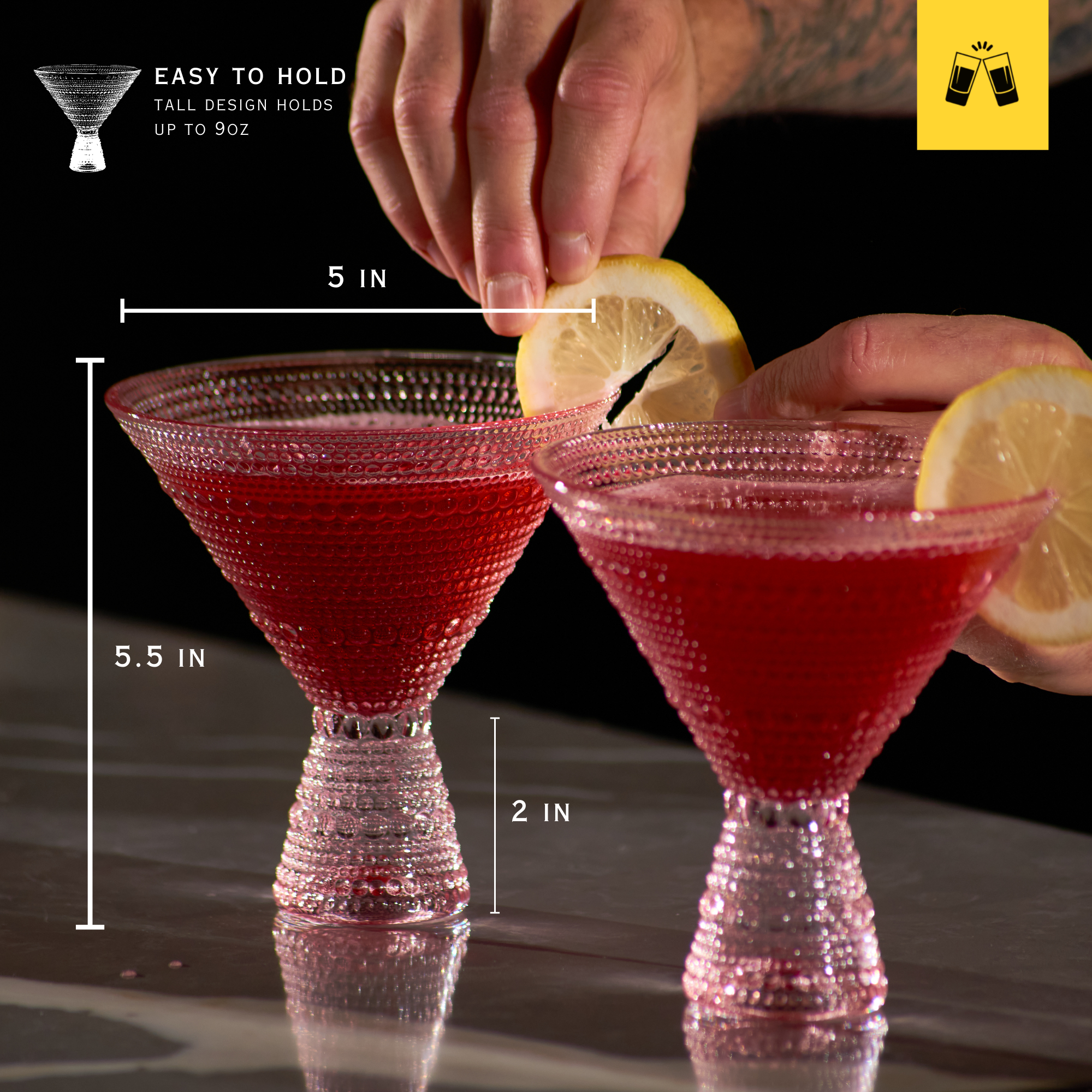 Pink Hobnail Martini Glasses - Embossed Martini Glasses - 9oz