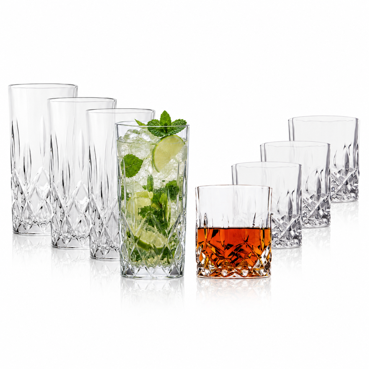 Crystal Cut Lowball & Highball Glasses Full Set of 8 - 10oz/12oz