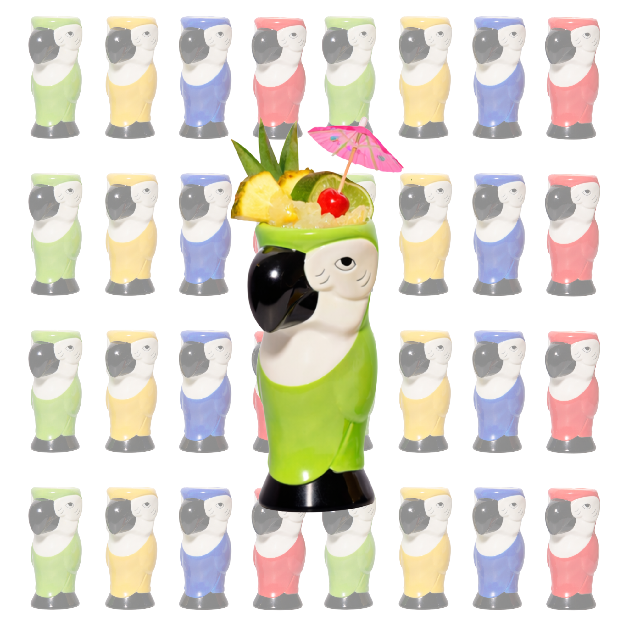 Ceramic Hawaiian Multi Color Parrot Tiki Glasses (15oz)