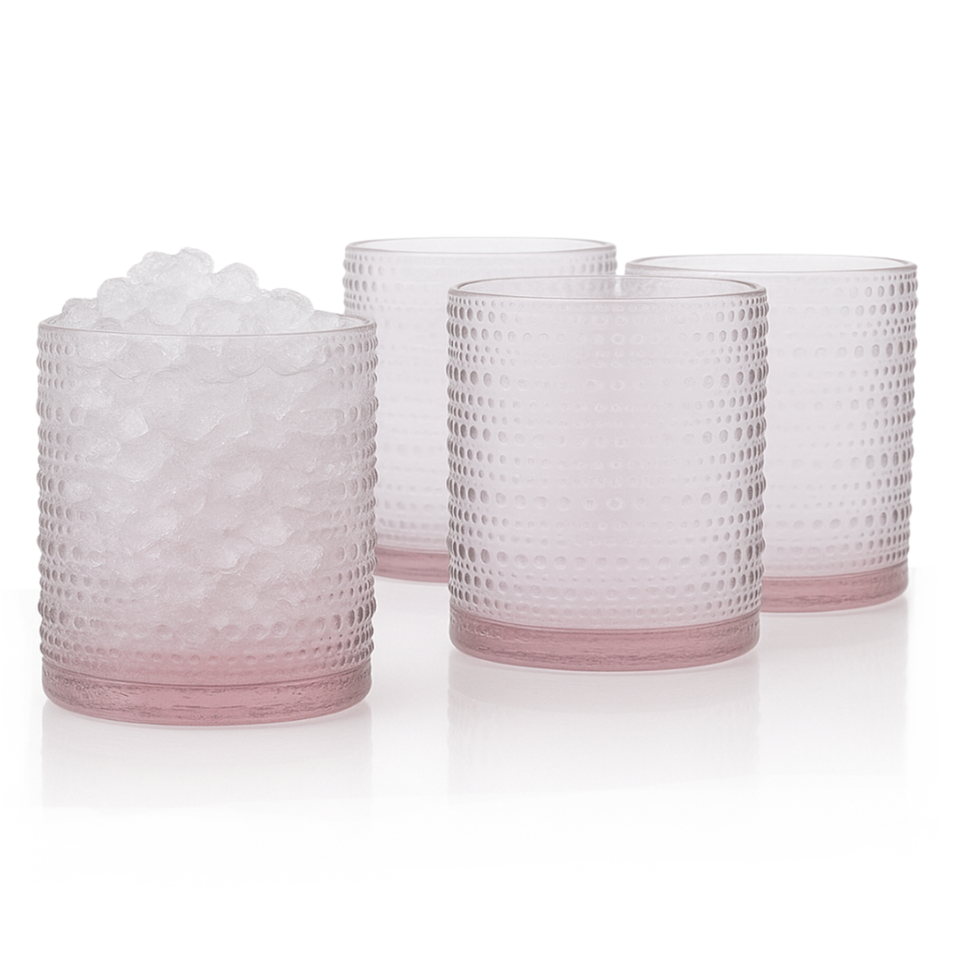 Vintage Rose Pink Hobnail Lowball Whiskey Glasses - 10oz