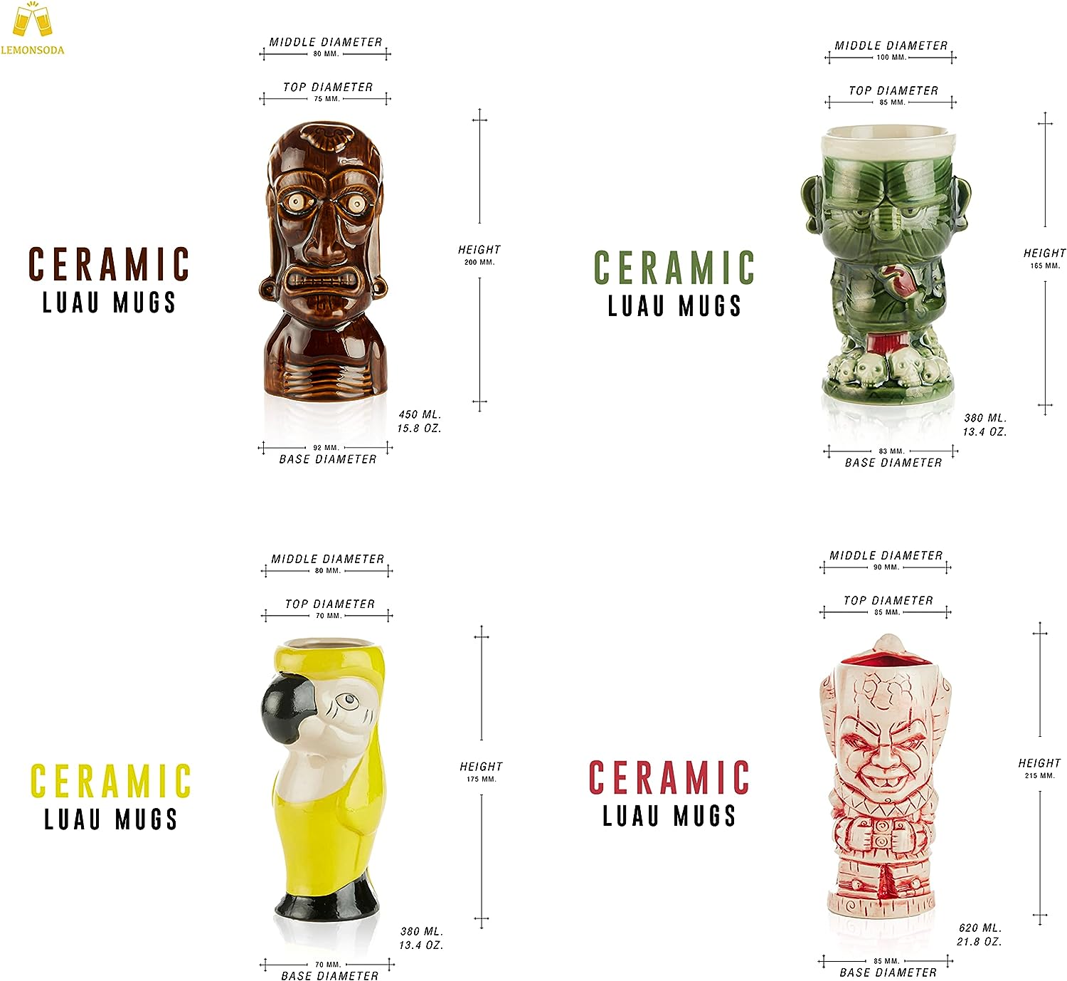 Ceramic Hawaiian Luau Tiki Mugs Dimensions