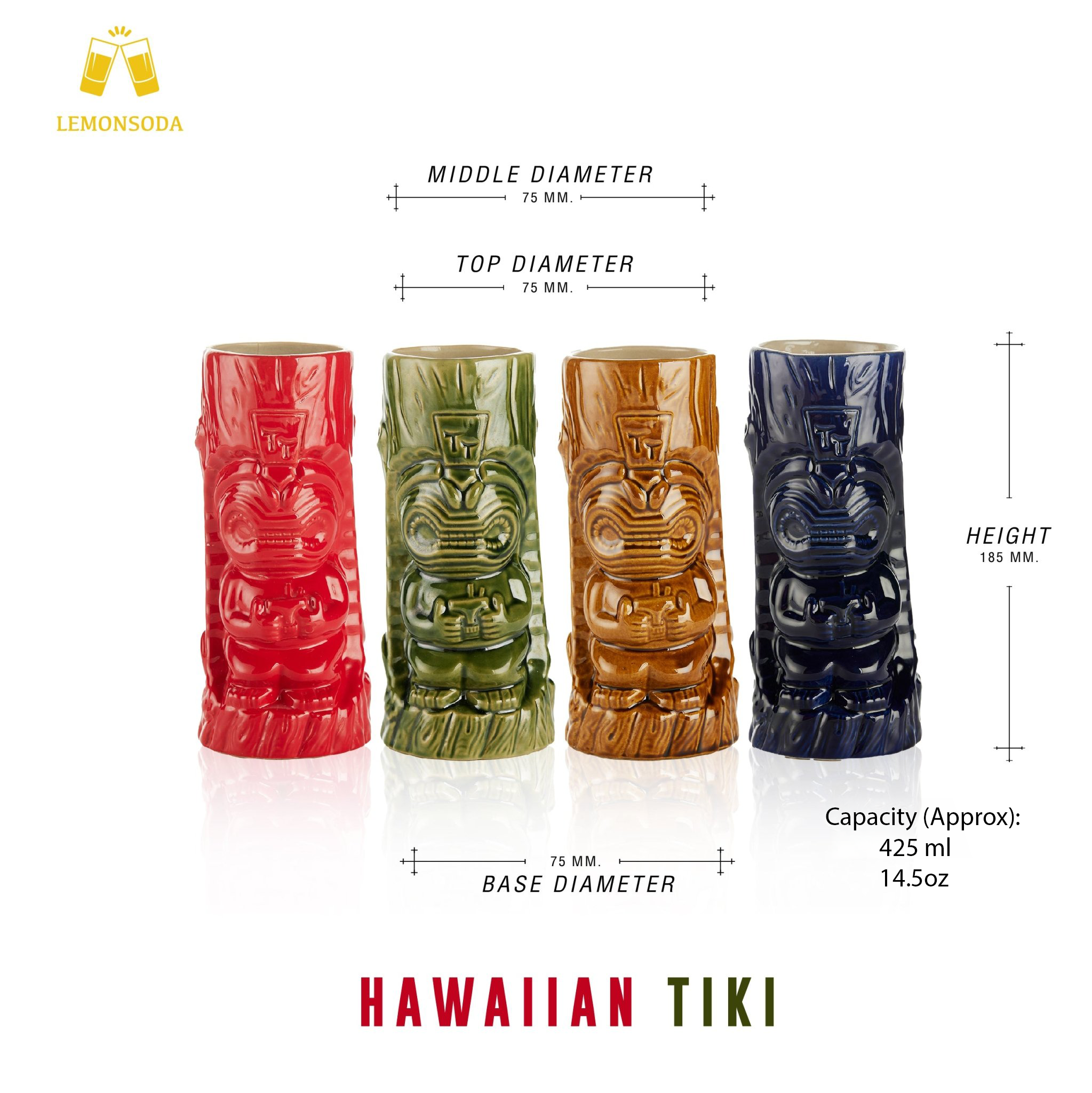 LEMONSODA Ceramic Hawaiian Tiki Glasses Set of 4 (14.5 oz) - Lemonsoda