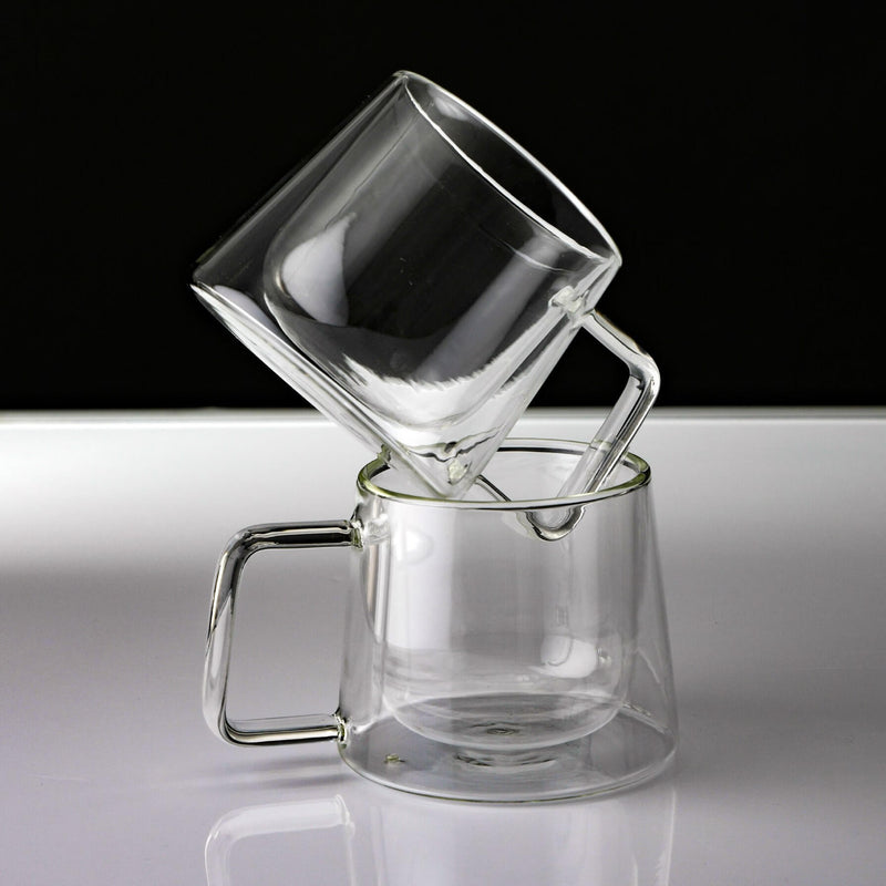 Double Walled Glass Coffee Drink Mug with Handle - Set of 2