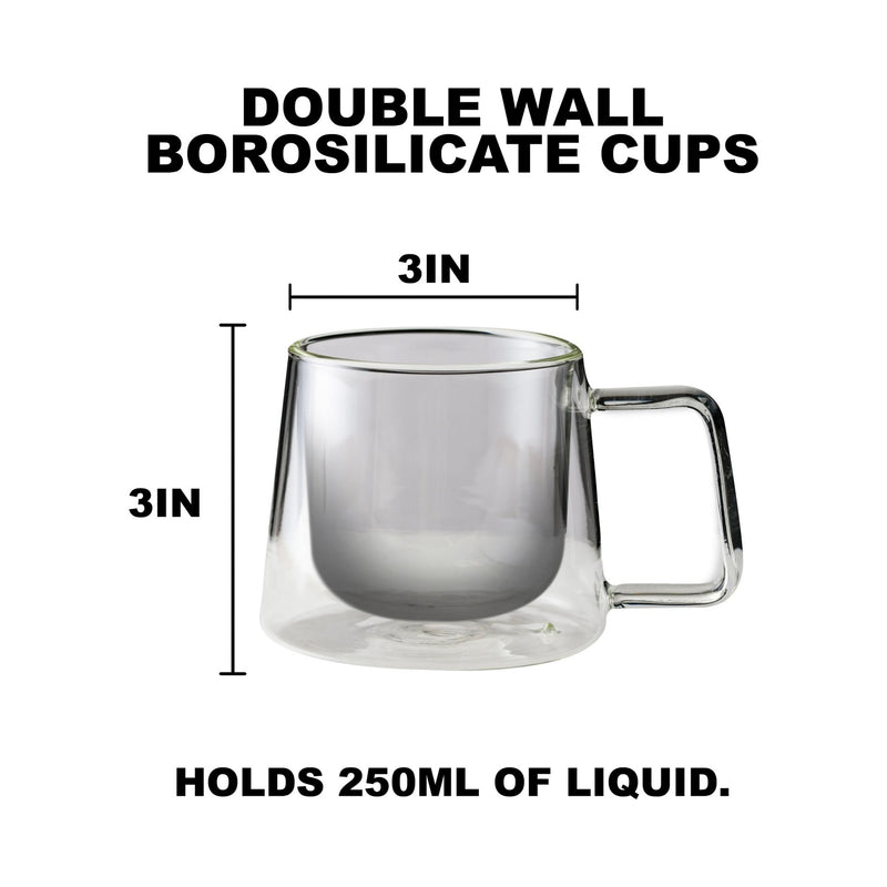 Double Walled Glass Coffee Mugs Size - Holds 250ML of Liquid