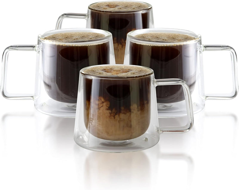 Double Walled Glass Coffee Drink Mug with Handle - Set of 4