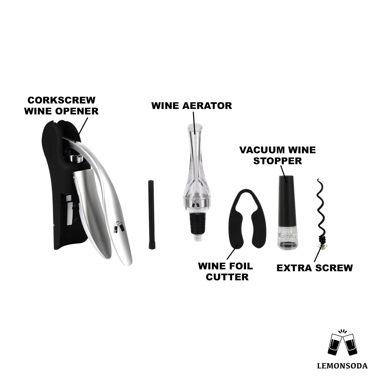 Corkscrew Wine Opener, Wine Aerator, Vacuum Wine Stopper, Wine Foil Cutter, Extra Screw