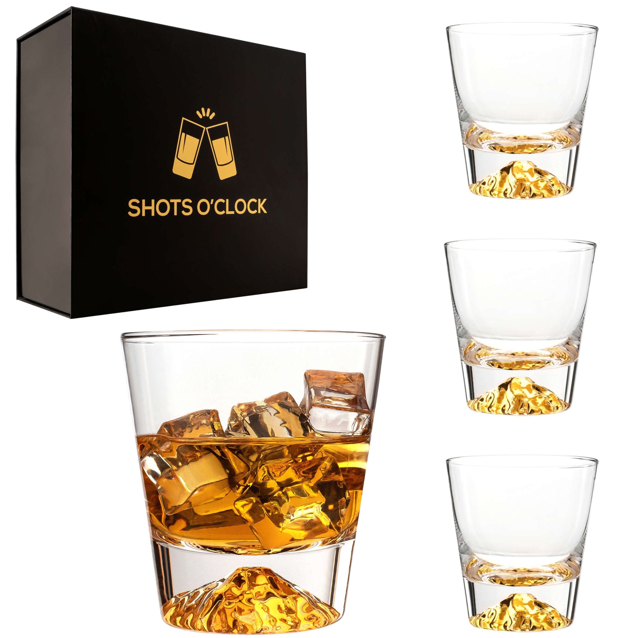 Whiskey Glasses Crystal Clear Gold Heavy Base Bourbon - Set of 4